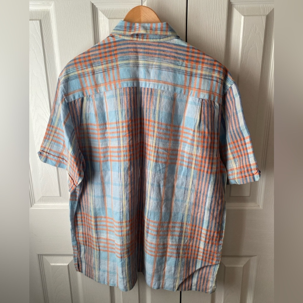 CUBAVERA Blue/Orange Plaid 100% Linen Button Front Shirt SZ L - Picture 2 of 8